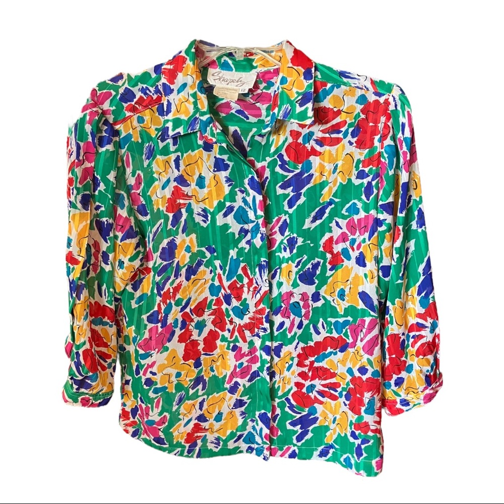 Shapely Sz 12 floral print button down polyester blouse